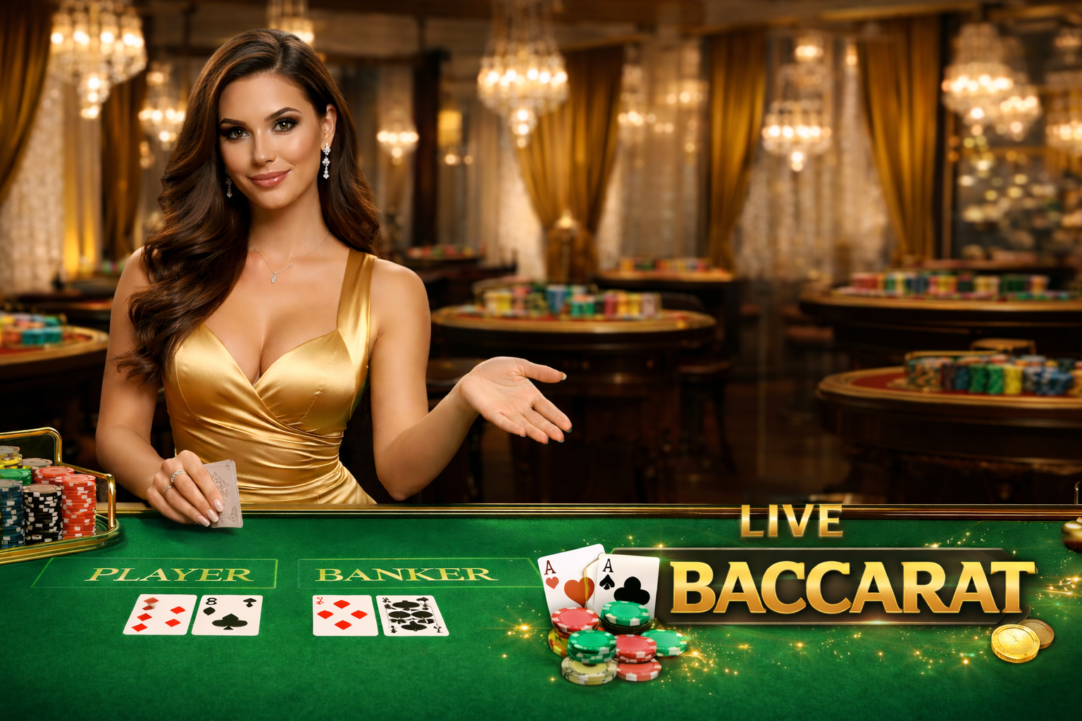 Elegant baccarat dealer in gold dress