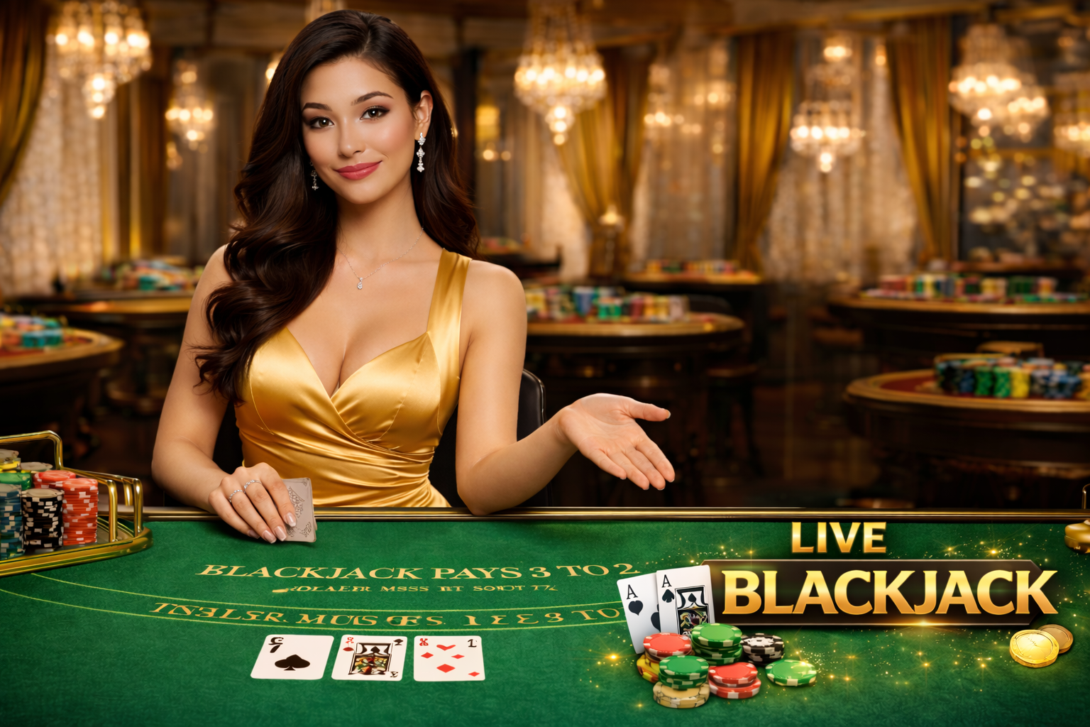 Elegant blackjack dealer in casino setting
