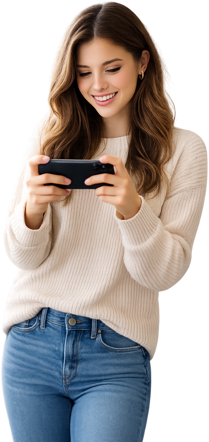 Smiling woman playing mobile phone